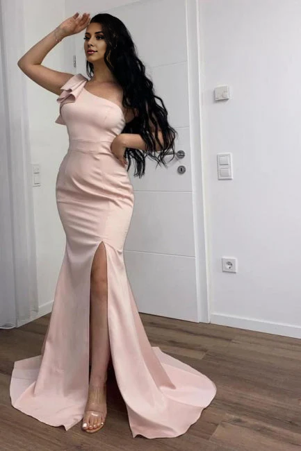OKBBN Long Simple One Shoulder Split Mermaid Ball Dress