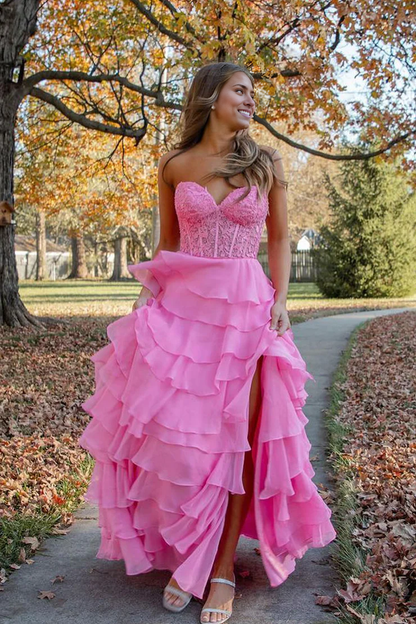 OKBBN Cute A-Shape Sweetheart Chiffon Multi Layer Long Ball Dress