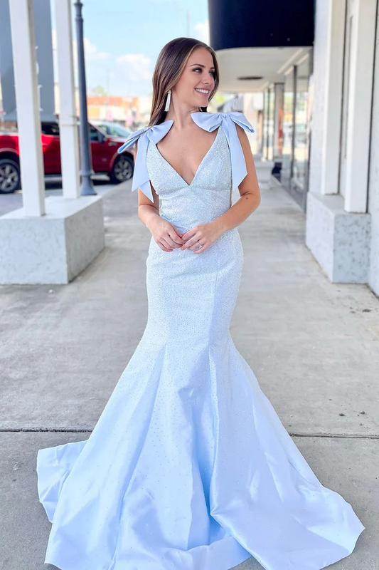 OKBBN Cute Mermaid V-neck Satin Long Ball Dress