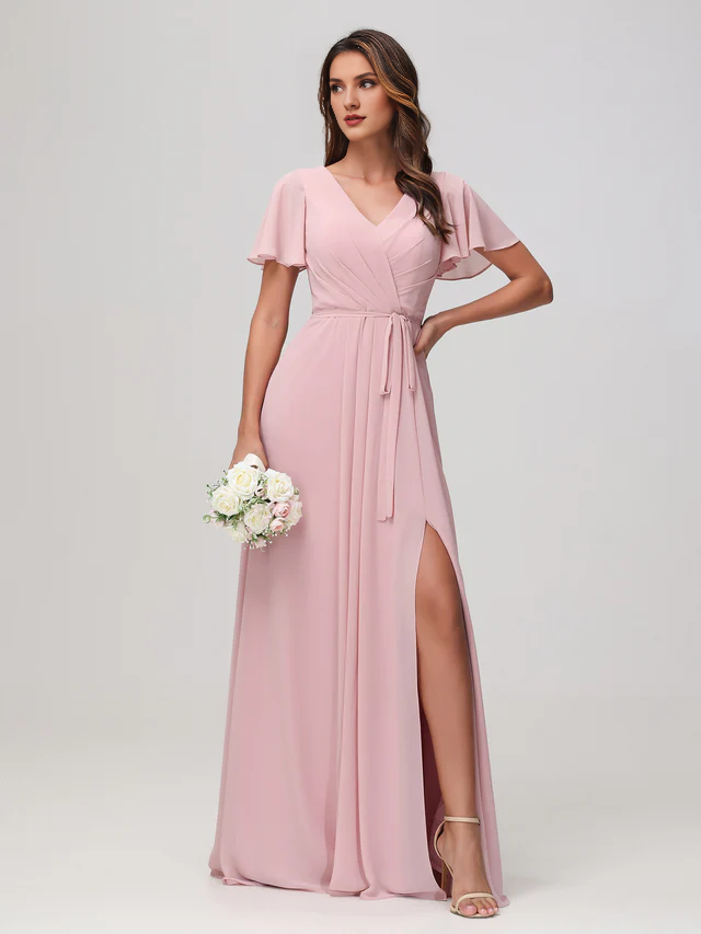 OKBBN pleated chiffon bridesmaid dress with flowing sleeves