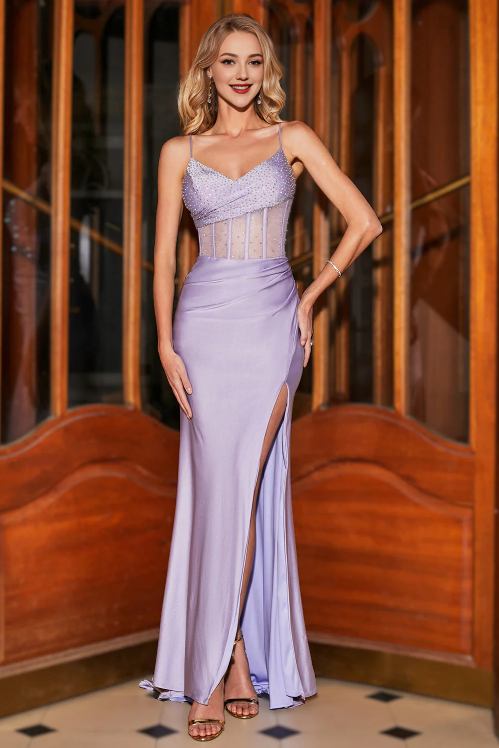 OKBBN mermaid slim shoulder strap light purple tight corset ball dress