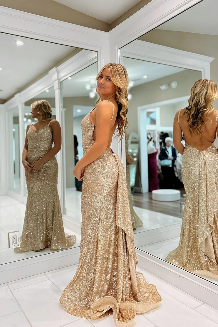 OKBBN Enchanting Mermaid V-neck Glitter Long Ball Dress