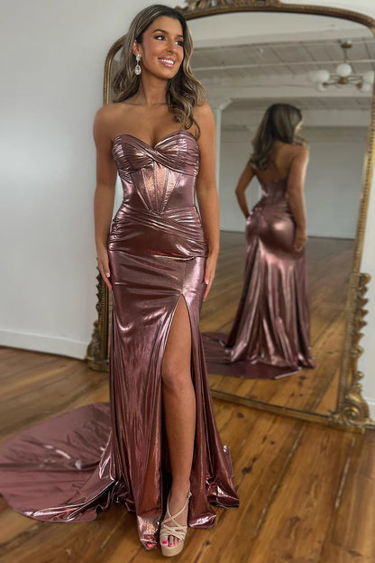 OKBBN Mermaid Sweetheart Satin Long Split Ball Dress