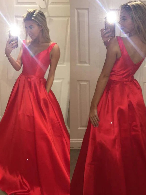 OKBBN A-line Elegant V-neck Sleeveless Satin Ball Dress