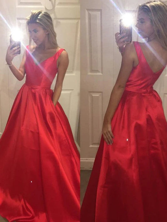 OKBBN A-line Elegant V-neck Sleeveless Satin Ball Dress
