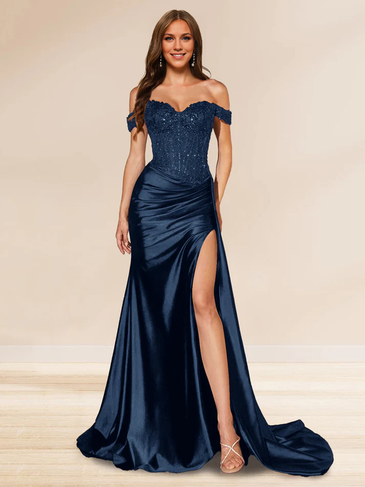 OKBBN mermaid off shoulder trailing sequin side slit evening gown