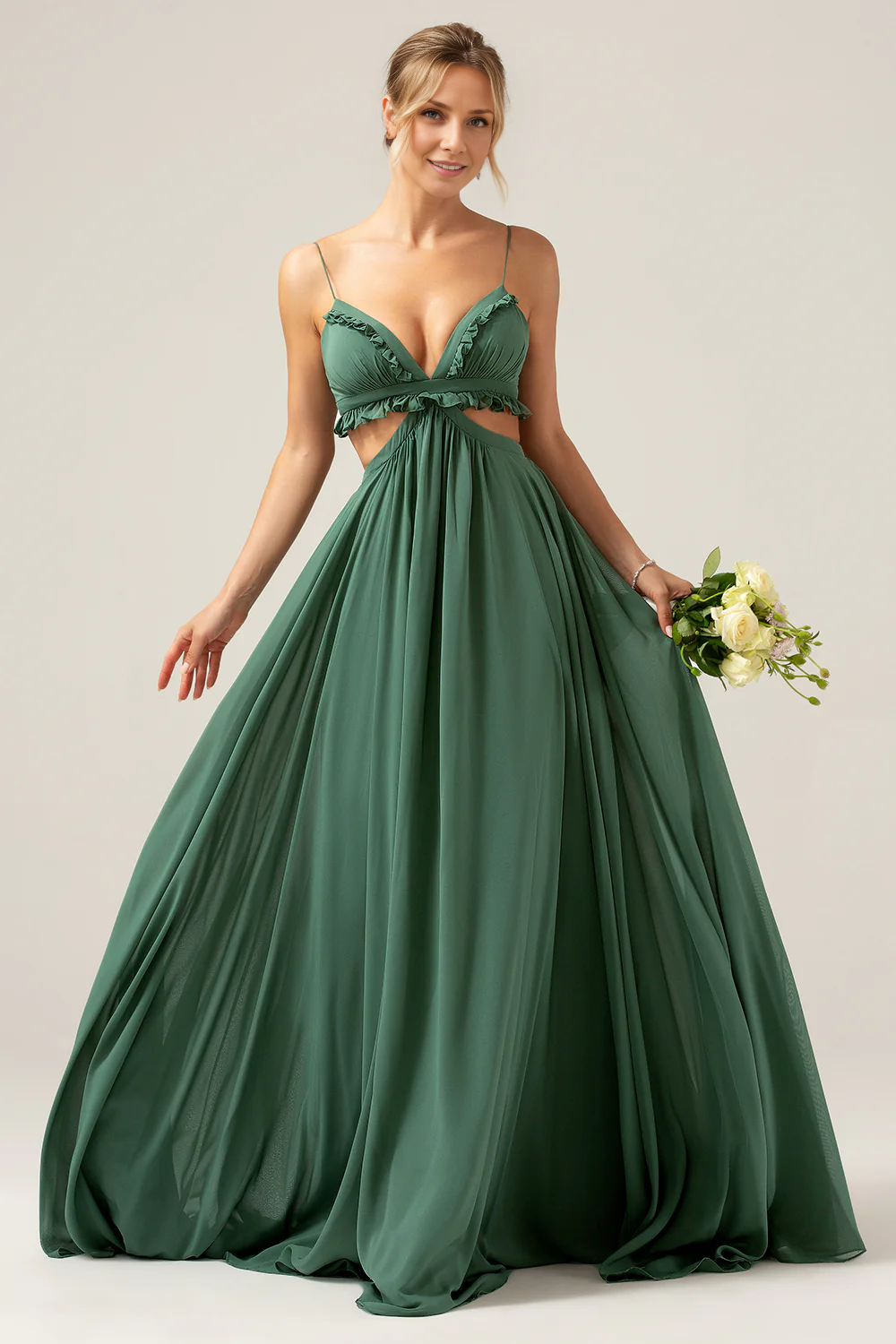 OKBBN sexy slim shoulder strap hollowed out long pleated bridesmaid dress