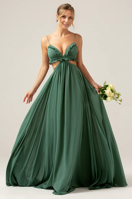 OKBBN sexy slim shoulder strap hollowed out long pleated bridesmaid dress