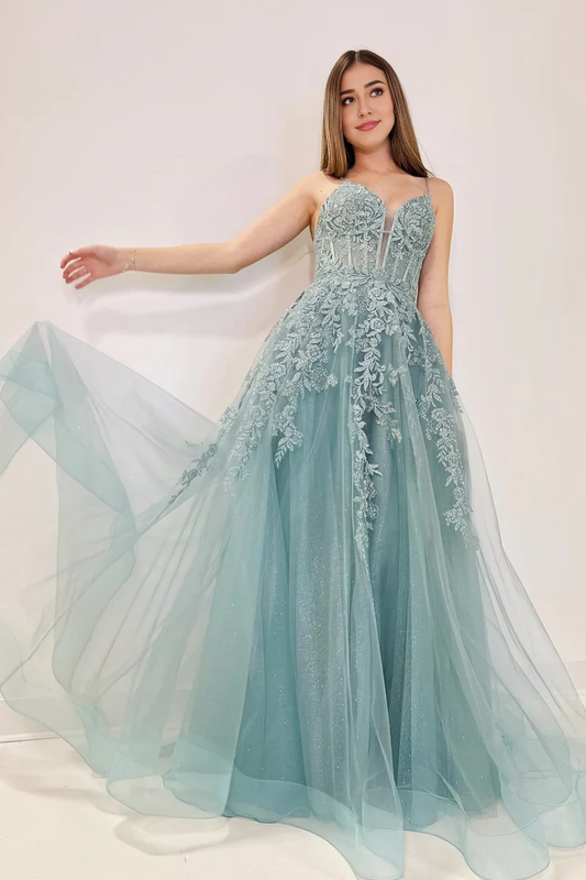 OKBBN Cute A-line Tulle Decal Lace Long Ball Dress