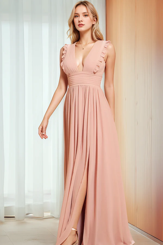 OKBBN Elegant A-line V-neck Strap Sleeveless Folded Ruffle Ball Dress