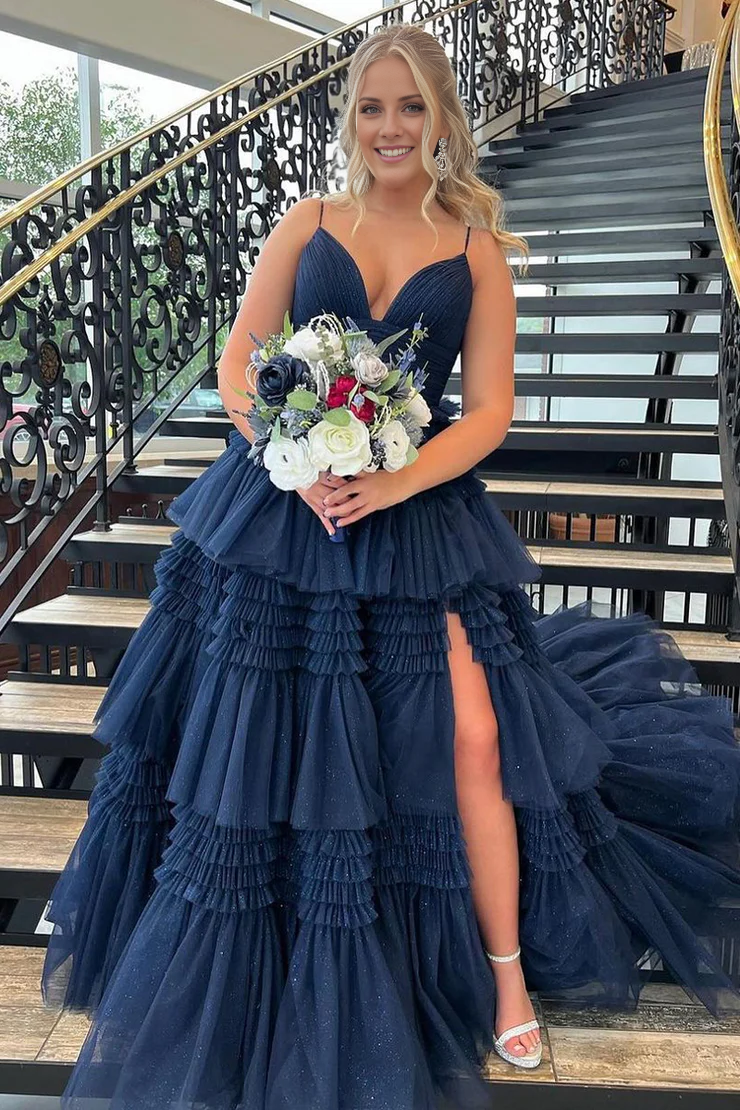 OKBBN Dazzling A-line V-neck Ruffle Layered Chiffon Split Ball Dress