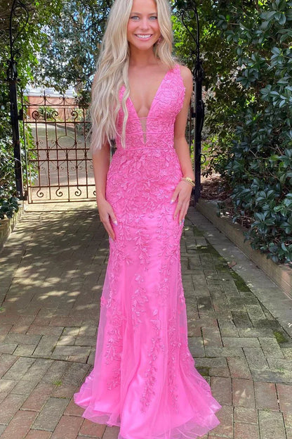 OKBBN Mermaid V-neck Lace Long Ball Dress