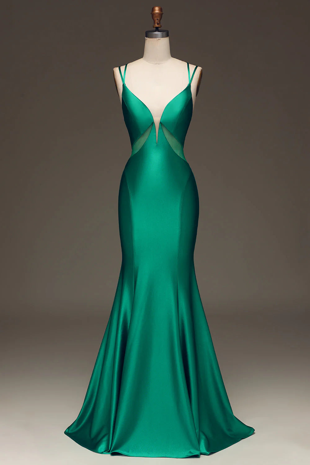 OKBBN mermaid slim shoulder strap deep V-neck satin long ball dress