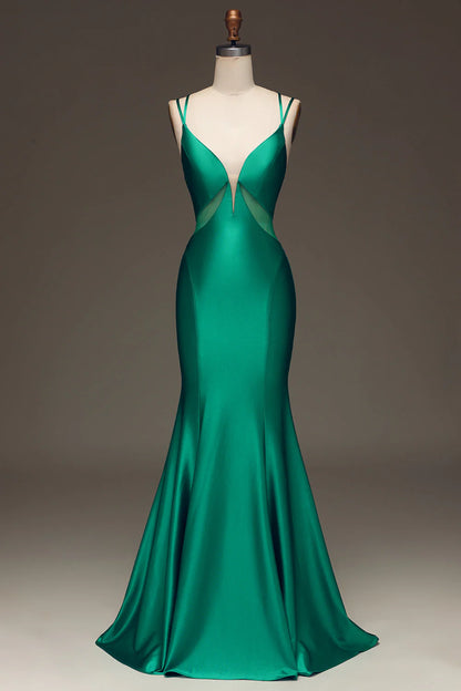 OKBBN mermaid slim shoulder strap deep V-neck satin long ball dress