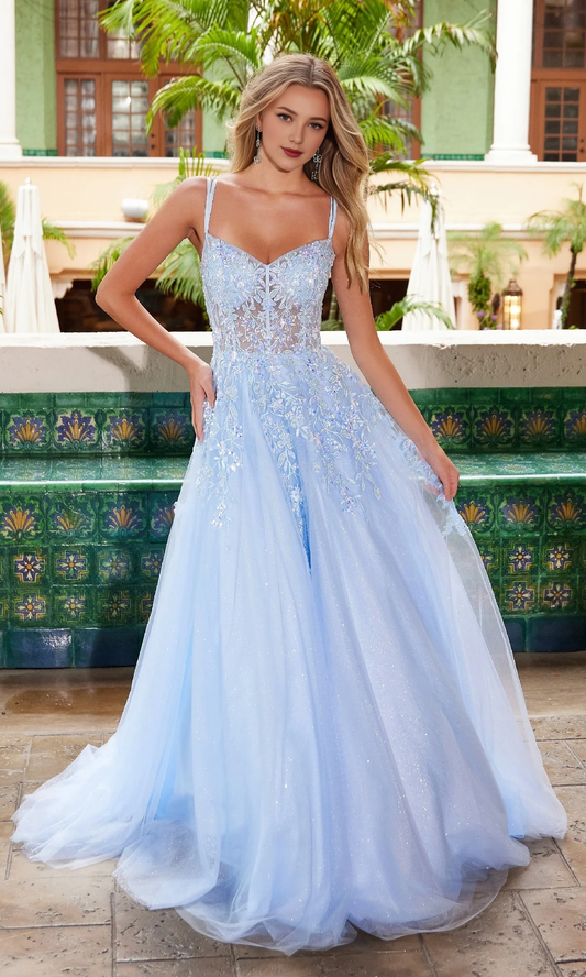 OKBBN's charming long thin shoulder strap chiffon ball dress