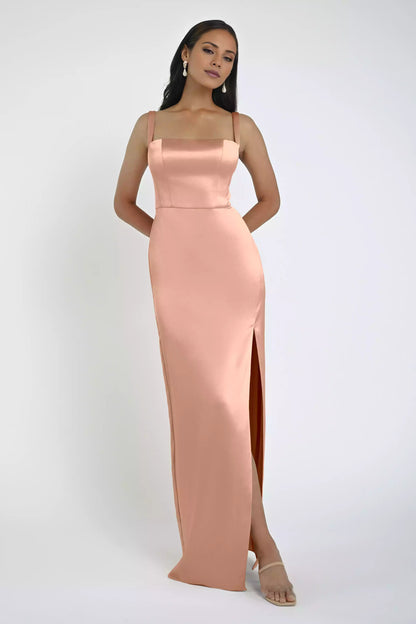 Stunning square neckline, tapered wide shoulder straps, slit tight corset, back mid zip Bridesmaid Dresses