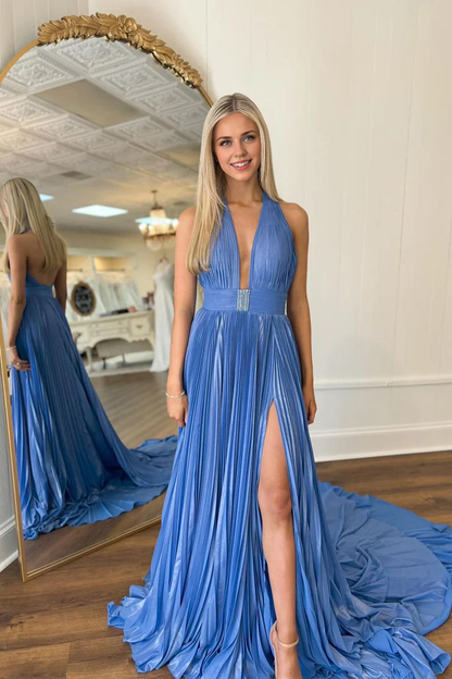 OKBBN charming A-line deep V-neck backless pleated chiffon long ball dress