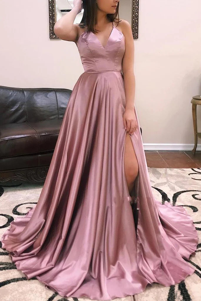 OKBBN Elegant Strap V-neck Long Satin Chiffon Formal Ball Dress