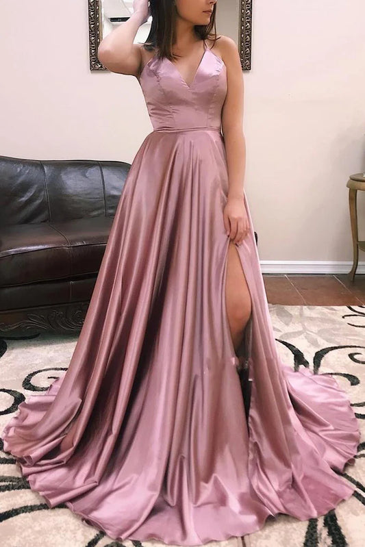 OKBBN Elegant Strap V-neck Long Satin Chiffon Formal Ball Dress