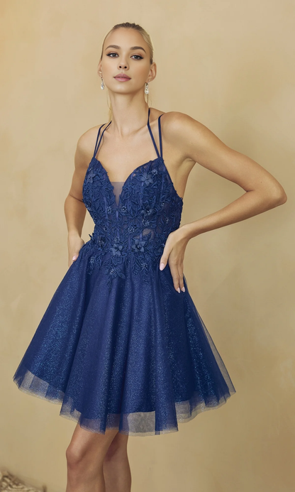 OKBBN A-line short deep V-neck floral embroidery semi formal thin shoulder strap sparkling chiffon Homecoming Dresses