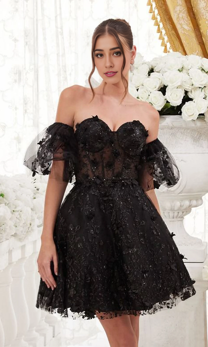 OKBBN Bubble Sleeve Short Off Shoulder A-line Homecoming Dress