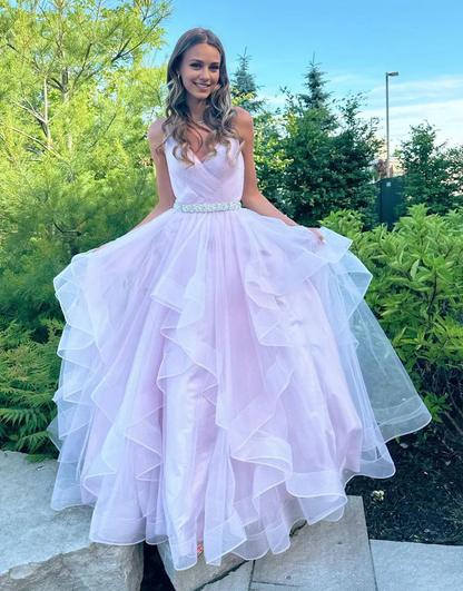 OKBBN A-line V-neck ruffled chiffon ball gown