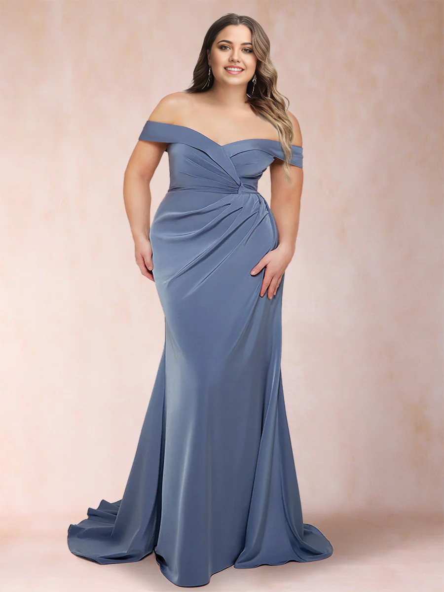Stunning slim fit/straight off shoulder sleeveless pleated plus size Mother of the Bride Dresses