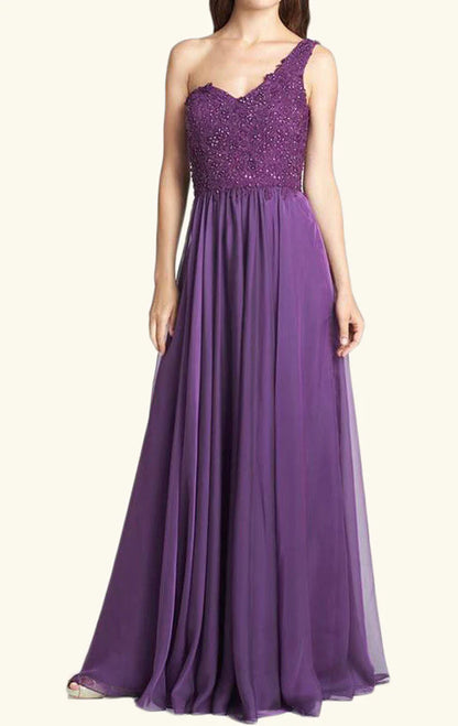 OKBBN Elegant One Shoulder Lace Chiffon Long Ball Dress