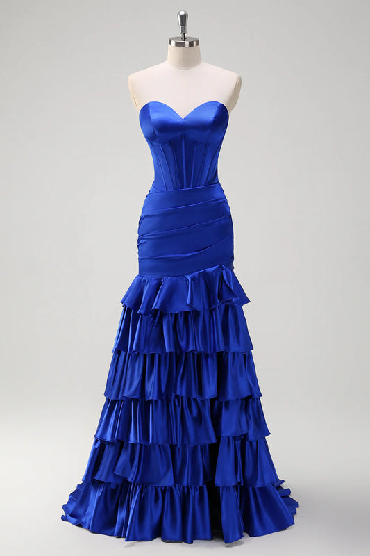 OKBBN off shoulder pleated tight corset layered long ball dress