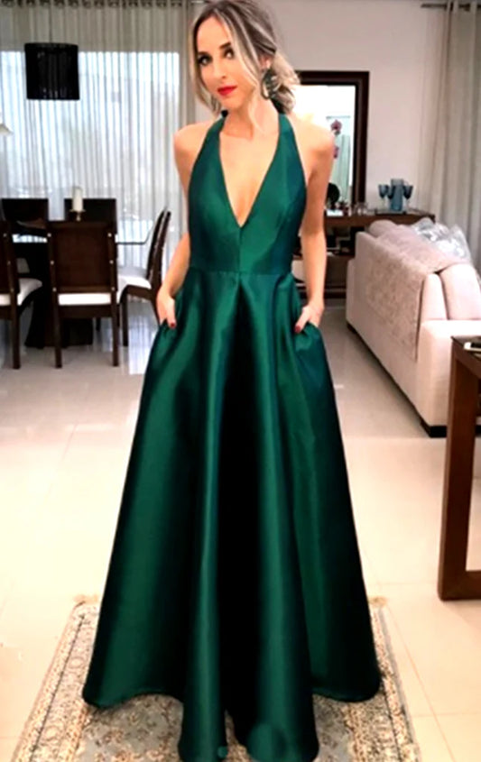 OKBBN backless V-neck satin long formal ball dress