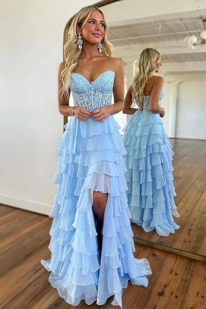 OKBBN Cute A-line Off Shoulder Ruffle Layered Chiffon Long Ball Dress