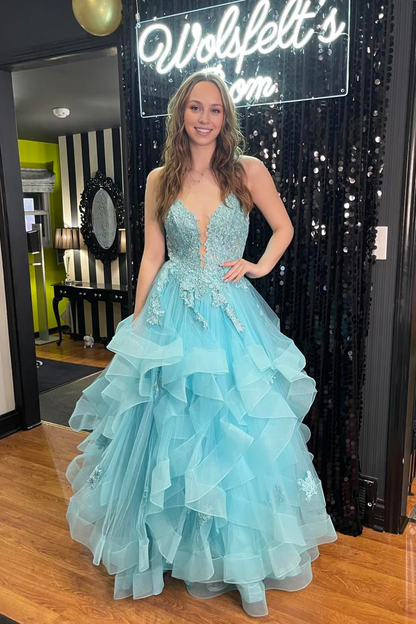 OKBBN A-line V-neck ruffle side length dance dress with stickers