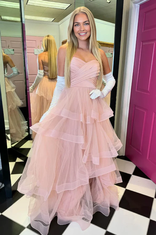 OKBBN A-line Sweetheart Ruffle Leafy Long Ball Dress