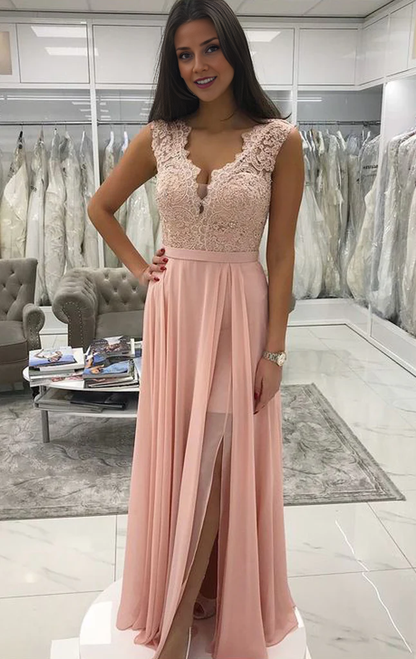 OKBBN V-neck lace chiffon long formal ball dress