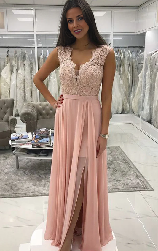 OKBBN V-neck lace chiffon long formal ball dress