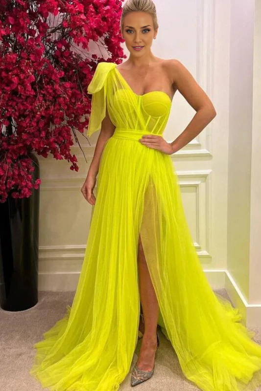 OKBBN stunning one shoulder chiffon long A-line slit dance dress