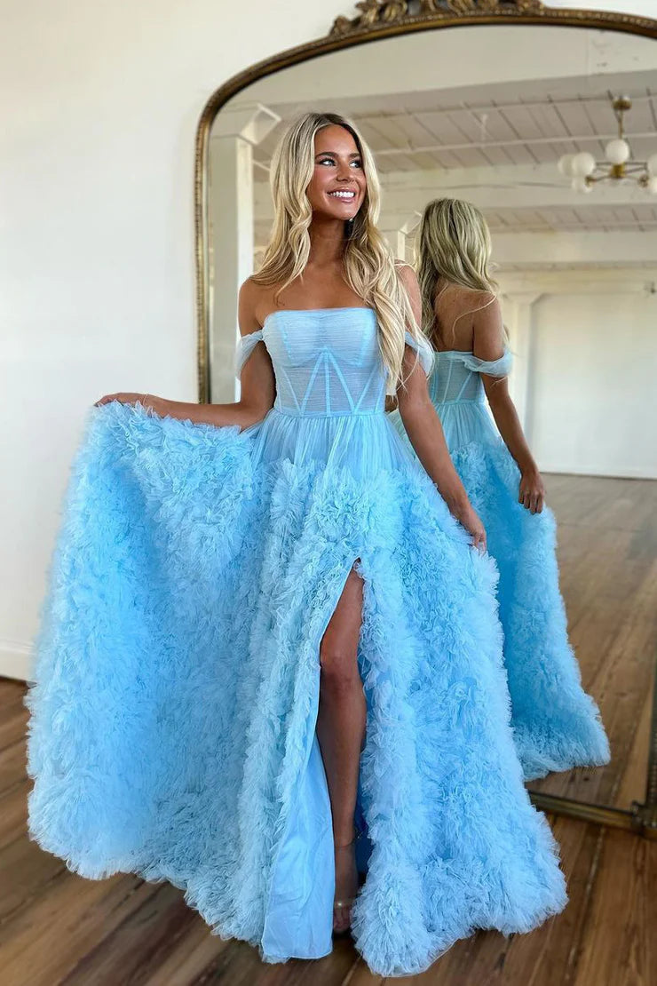 OKBBN Romantic A-line off shoulder ruffled layered chiffon slit party dress