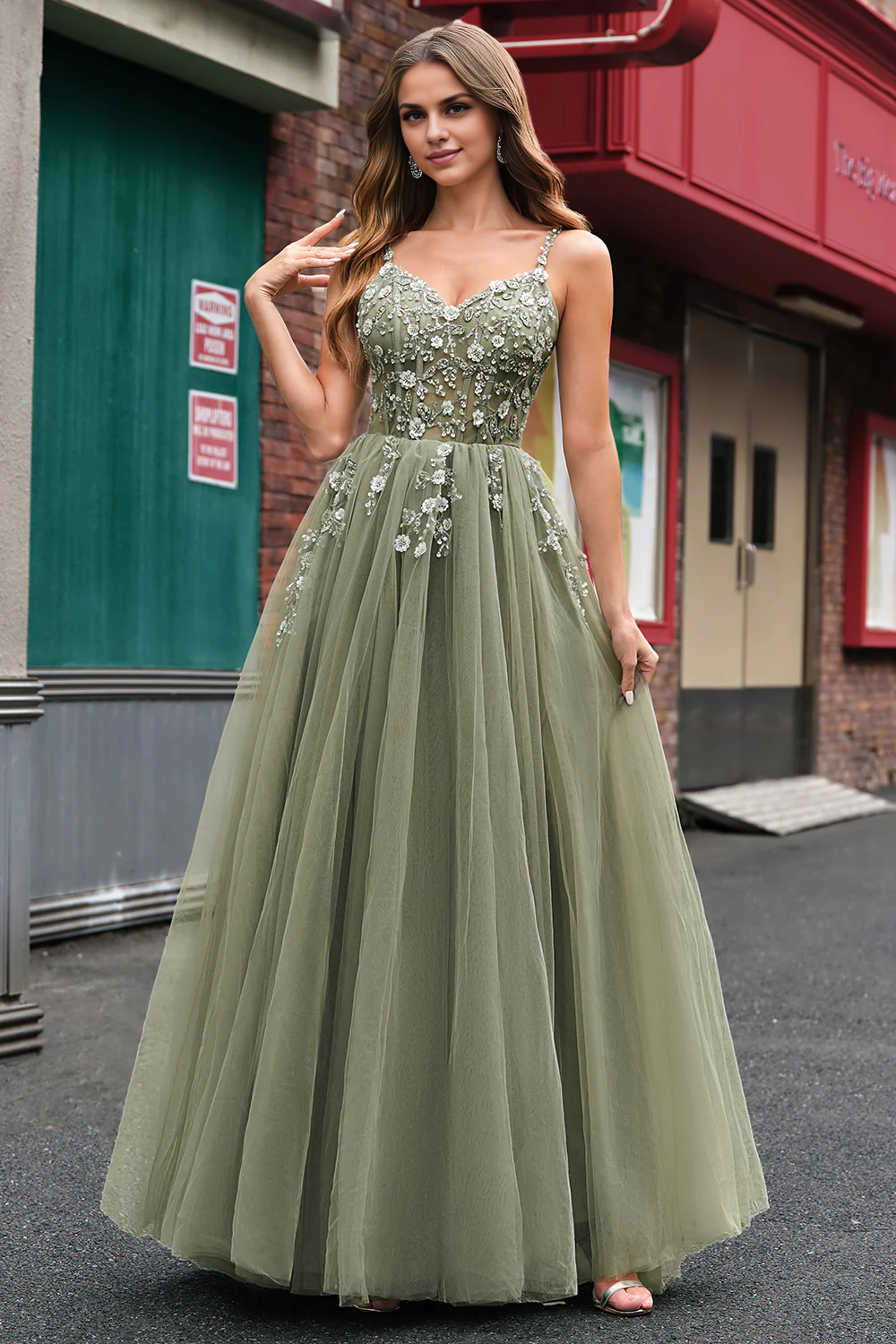 OKBBN chiffon thin shoulder strap A-line tight corset long ball dress