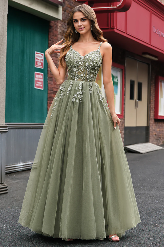 OKBBN chiffon thin shoulder strap A-line tight corset long ball dress