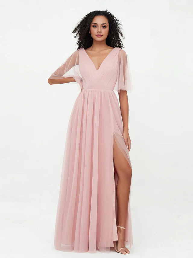 OKBBN A-line V-neck chiffon bridesmaid dress