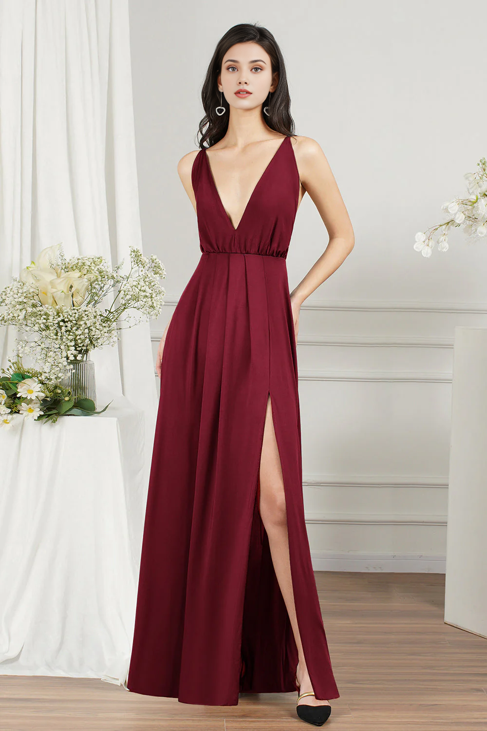 OKBBN minimalist A-line V-neck backless slit long ball gown