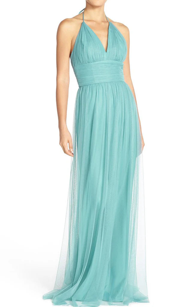 OKBBN V-neck chiffon long ball gown with suspenders