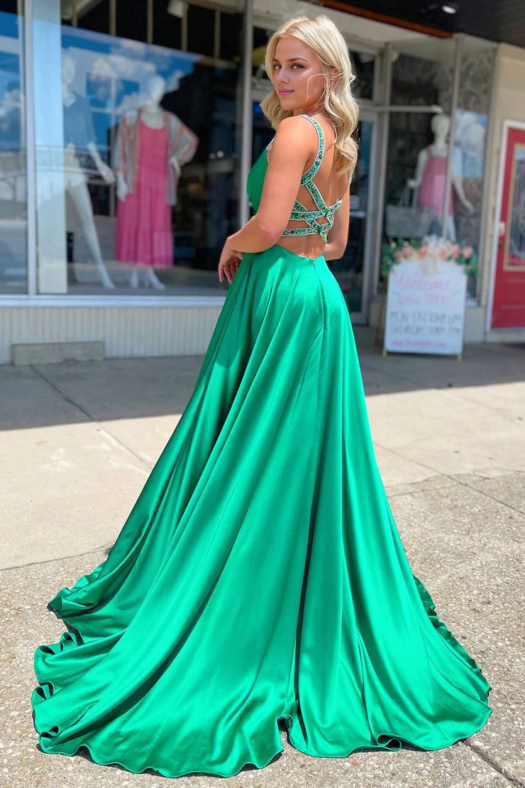 OKBBN minimalist A-line V-neck satin long ball gown