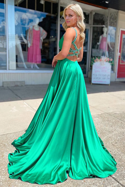 OKBBN minimalist A-line V-neck satin long ball gown
