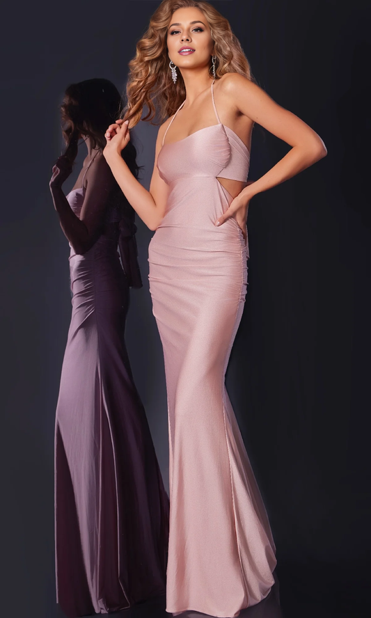 OKBBN long slim fit side hollow out, wrapped backless, side pleats, thin suspender ball dress