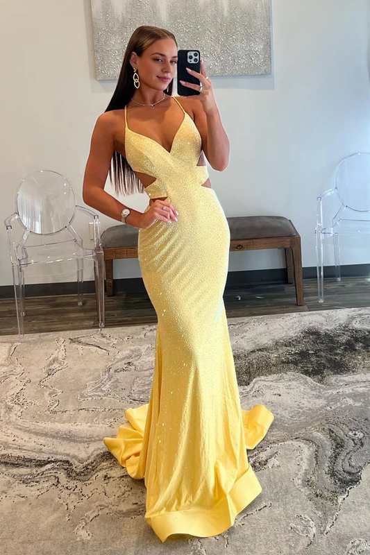 OKBBN Sparkling Mermaid V-neck Satin Long Ball Dress