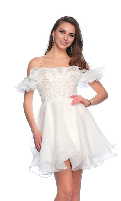 OKBBN ruffled neckline, slim shoulder straps, backless beaded corset, Homecoming Dresses