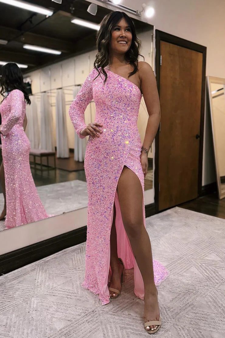 OKBBN Sparkling Mermaid One Shoulder sequin Split Long Ball Dress