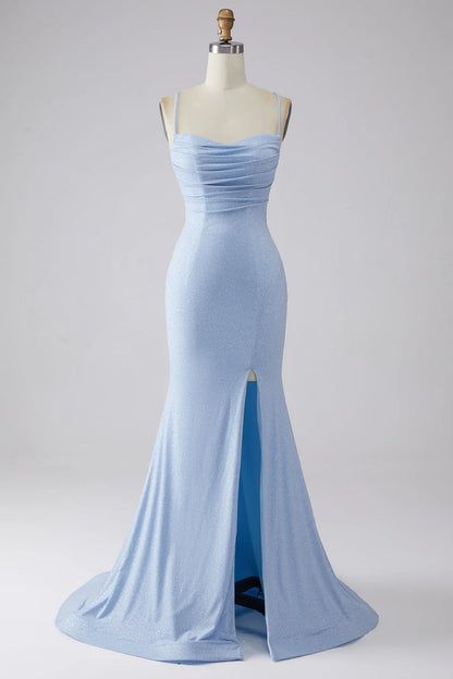 OKBBN mermaid slim shoulder strap slit sleeveless long ball dress