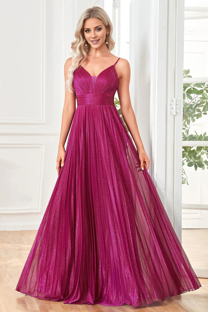 OKBBN A-line thin shoulder strap pleated long ball gown